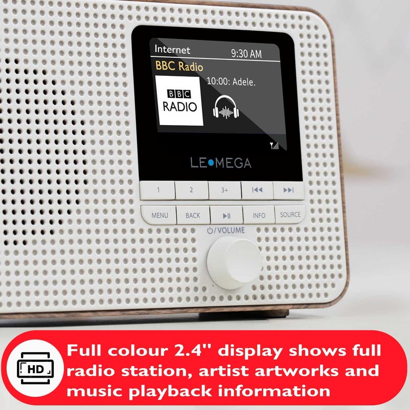 LEMEGA راديو إنترنت محمول LEMEGA IR1، راديو رقمي FM، مكبر صوت بلوتوث، ساعة منبه مزدوجة، مؤقت نوم، 40 إعداد مسبق، مخرج سماعة، شاشة ملونة، يعمل بالبطاريات أو التيار الكهربائي - تشطيب الجوز - Image 5